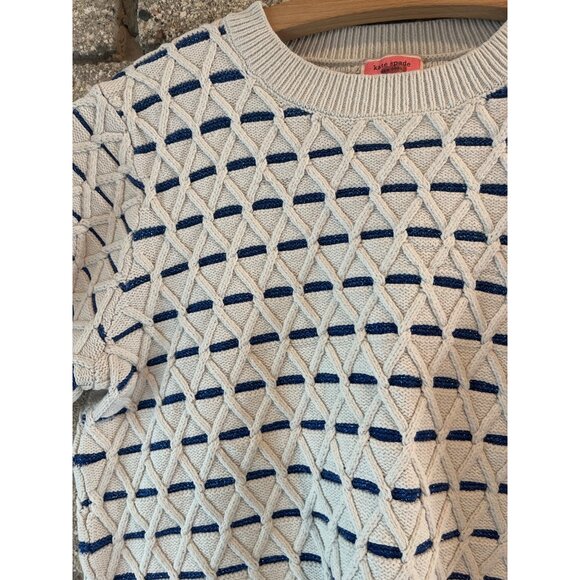 Kate Spade Womens Short Sleeve Knit Sweater Blue & Cream Geometric Pattern Cotto - Picture 3 of 10